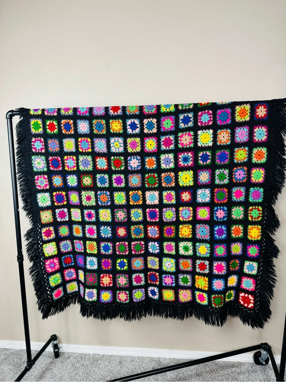 Vintage Granny square blanket black multicolor wool tight weave fringe trim EUC